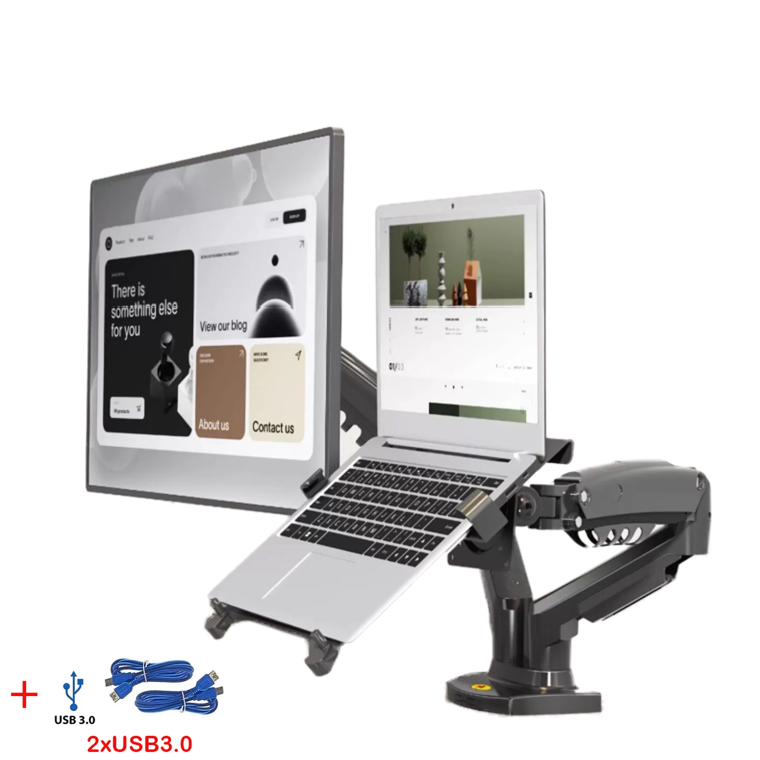 Soporte para Laptop con Doble Monitor y Cables USB 3.0, Brazo con Resorte de Gas NB F160-FP para Monitor de 17'-27' + Soporte para Laptop de 10'-17'