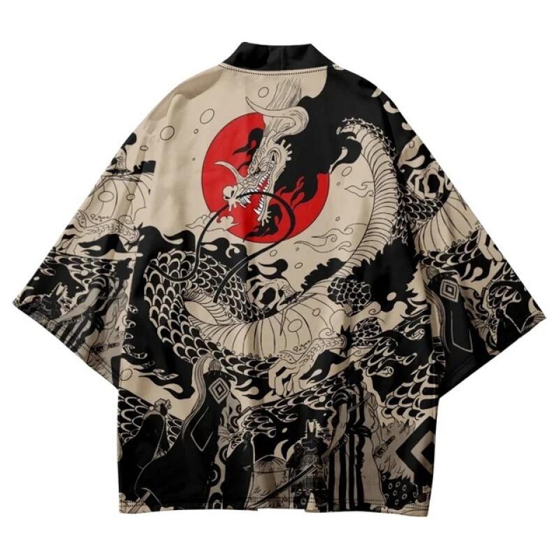 Kimono anime estilo japonês para homens e mulheres, cosplay estampado de dragão, haori yukata, adulto superior, samurai tradicional, cardigã solto, verão