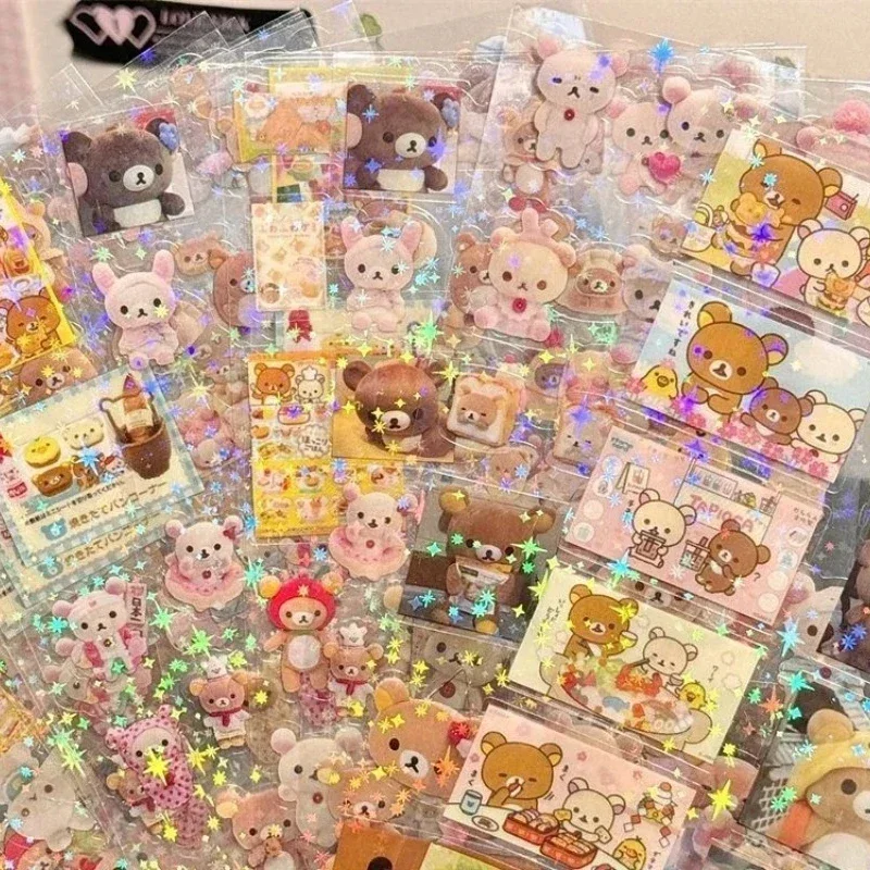 5 pegatinas troqueladas de dibujos animados lindos Hello Kitty Rilakkuma pegatinas animadas hechas a mano material brillo pegatinas láser para niños
