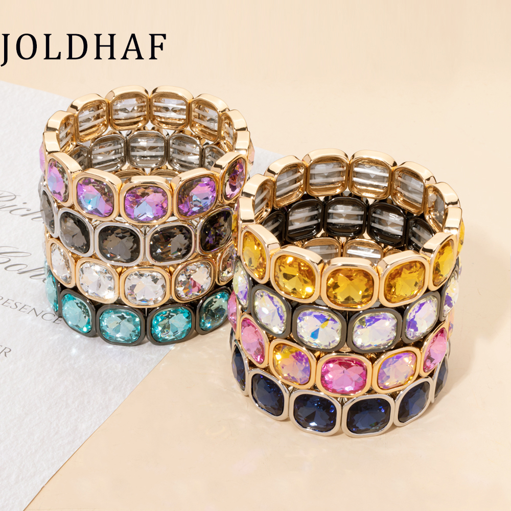 2024 Goud Kleur Kristal Bangle Handgemaakte Vierkante Vorm Steentjes Boho Vrouwen Tennis Armband Elastische Boheemse Zirkoon Sieraden