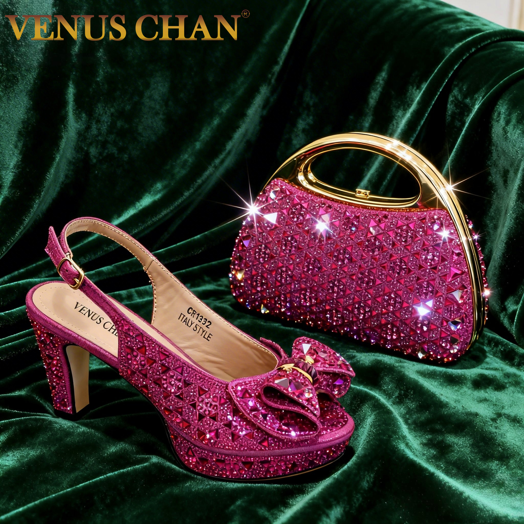 Elegante italienische Damen-Sandalen mit Peeptoe-Absatz in Fuchsia und Strass sowie passendem Taschenset – perfekt für Hochzeiten und Partys