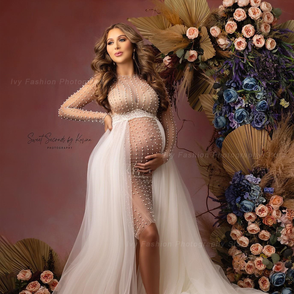 Adereços para fotografia de maternidade vestido transparente tule pérola vestido de gravidez roupas sexy para mulheres grávidas