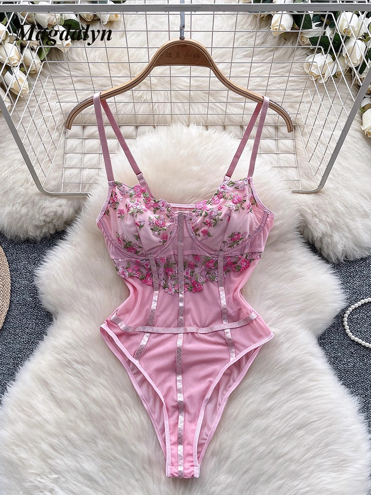 Magdalyn Damen bekleidung einteilige Bodys sexy Dessous süße Blumen stickerei Stram pler schiere Kombination enge Overalls