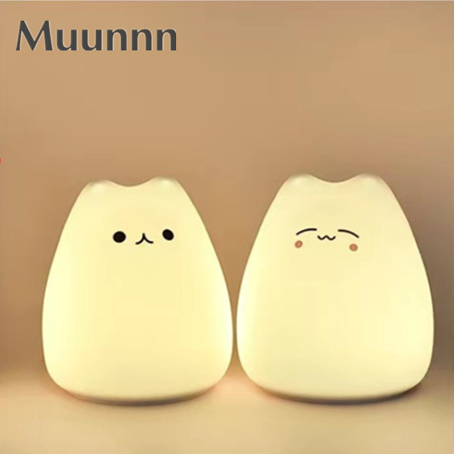 Muunnn Kawaii Cat Lamp LED Night Light Wireless Touch Sensor Silicone Battery Animal Light Child Holiday Bedroom Desktop Decor