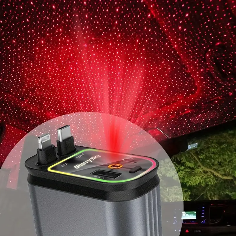 4in1 Retractable Car Charger with USB Roof Star Type-C Cable for iPhone Fast Charging Cigarette Lighter Adapter Starlight Phone