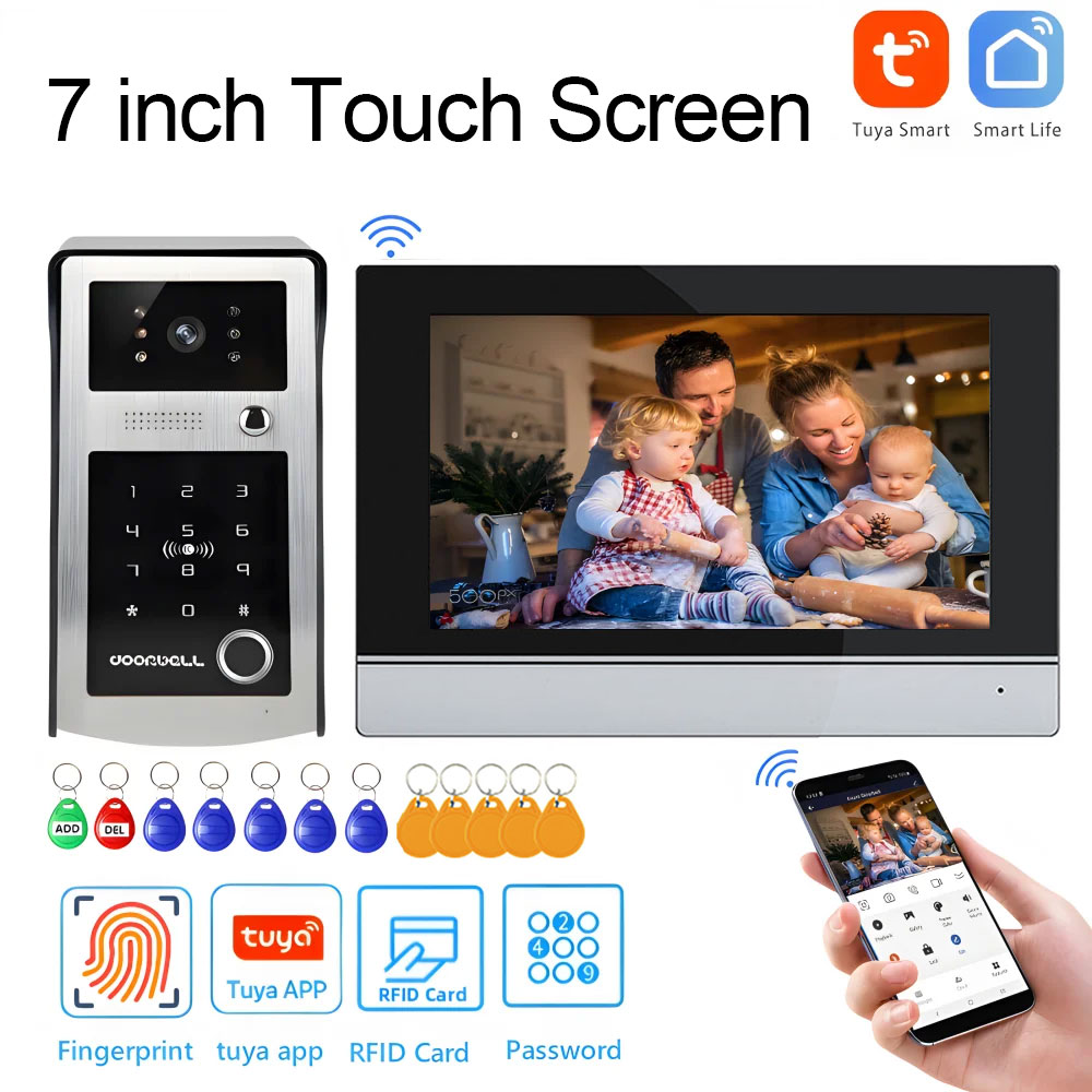 Wifi Tuya 7 Inch Touchscreen Wifi Video Deurbel Smart Home Video Intercom Kit Toevoegen Hd Camera App Vingerafdruk Wachtwoord Unlock