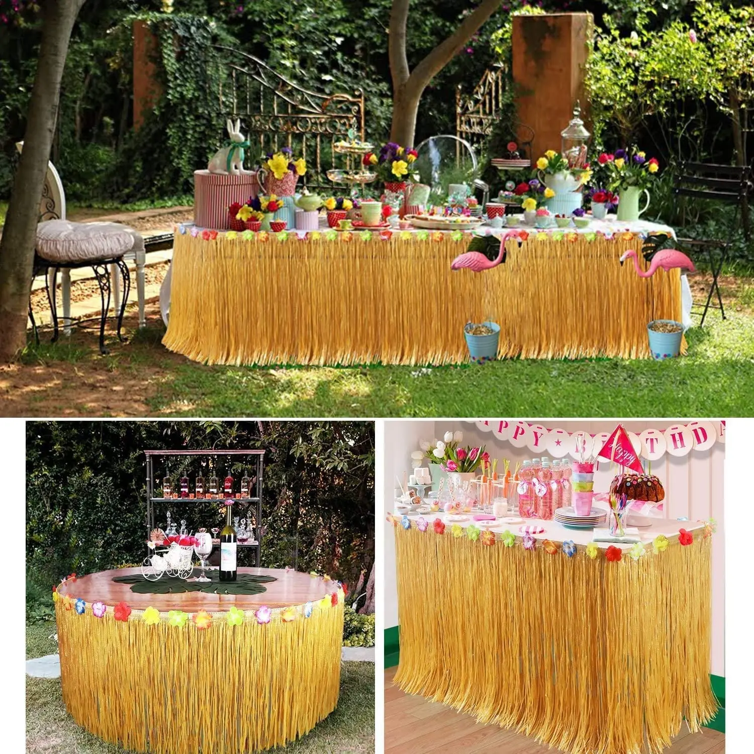 Saia de mesa de grama luau, 3 tamanhos, cor de palha, palha havaiana, tema de verão, suprimentos para festa tropical havaiana, decorações de festa
