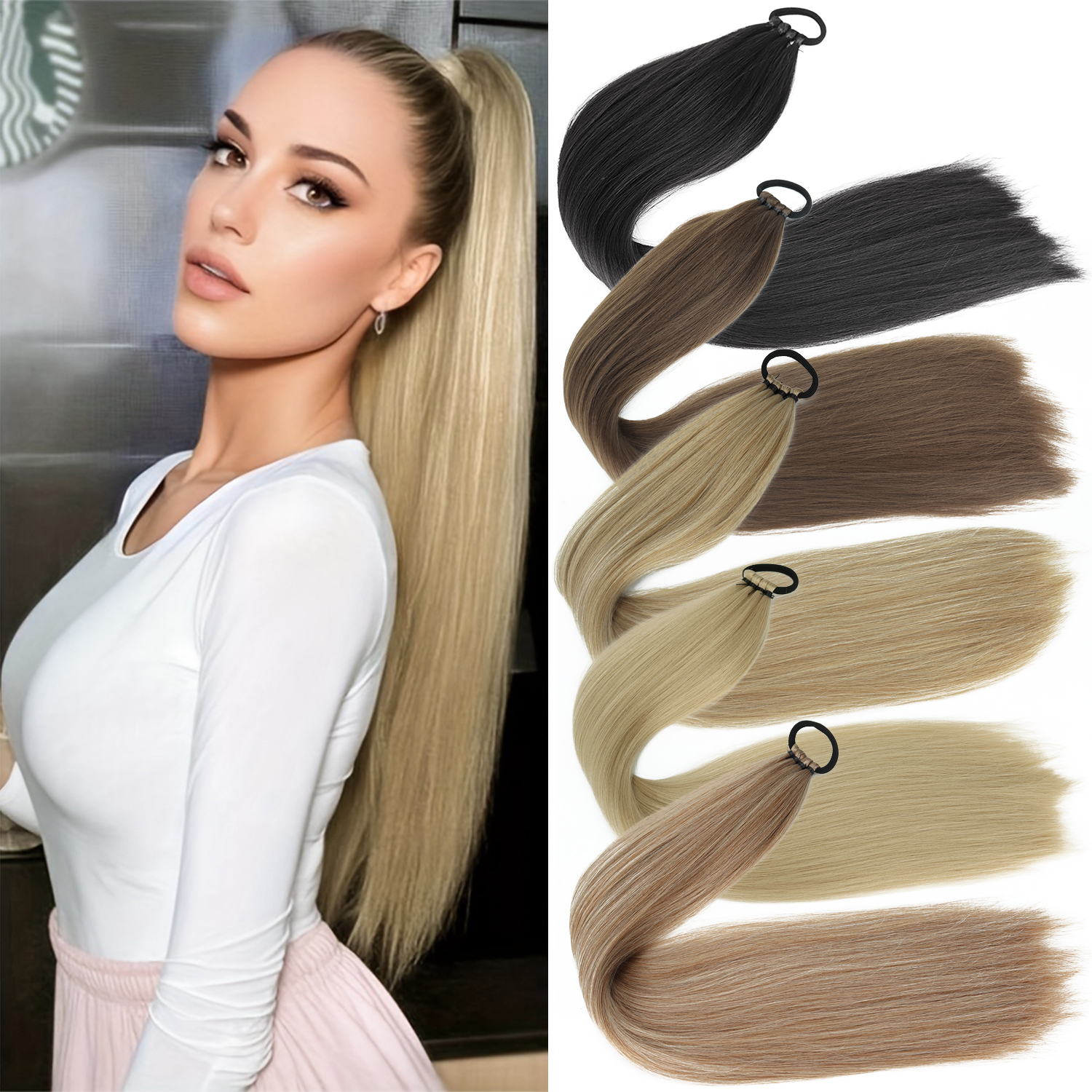 Synthetisch lang steil haar 24 inch paardenstaartband Elasticiteit rubberen band haarring paardenstaart haarextensies voor dames