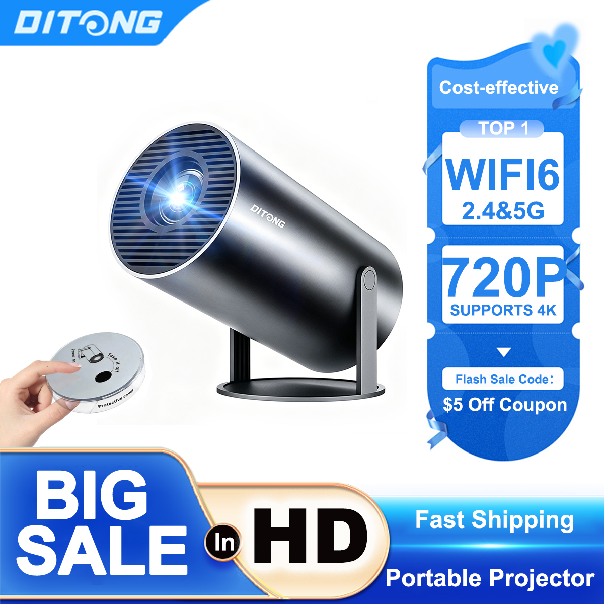 Projecteur portable DITONG HY300 Plus HD 4K, projecteur Android LED, vidéo, home cinéma, mini projecteur de cinéma, projecteur de films HY300 Pro