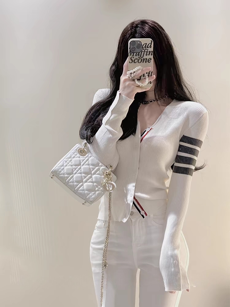 Cardigan F de Tricô Curto Sem Mangas com Decote em V Estilo Casual E Ajuste Slim Manga Longa para Primavera Outono
