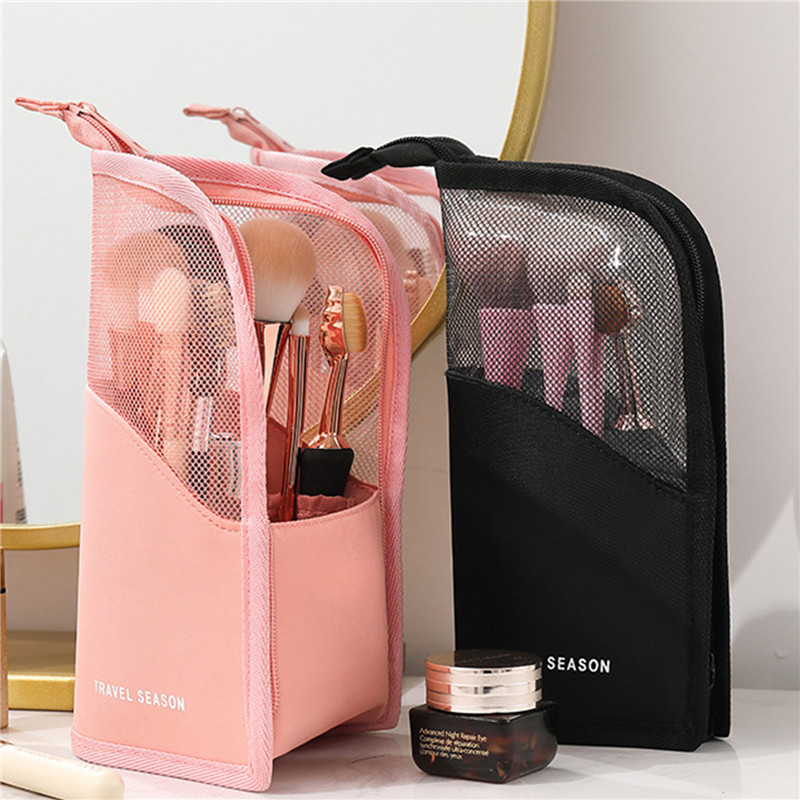 Estuche para brochas de maquillaje, soporte para brochas de maquillaje, bolsa de cosméticos impermeable de viaje, taza de maquillaje plegable de pie con cremallera (negro + rosa)