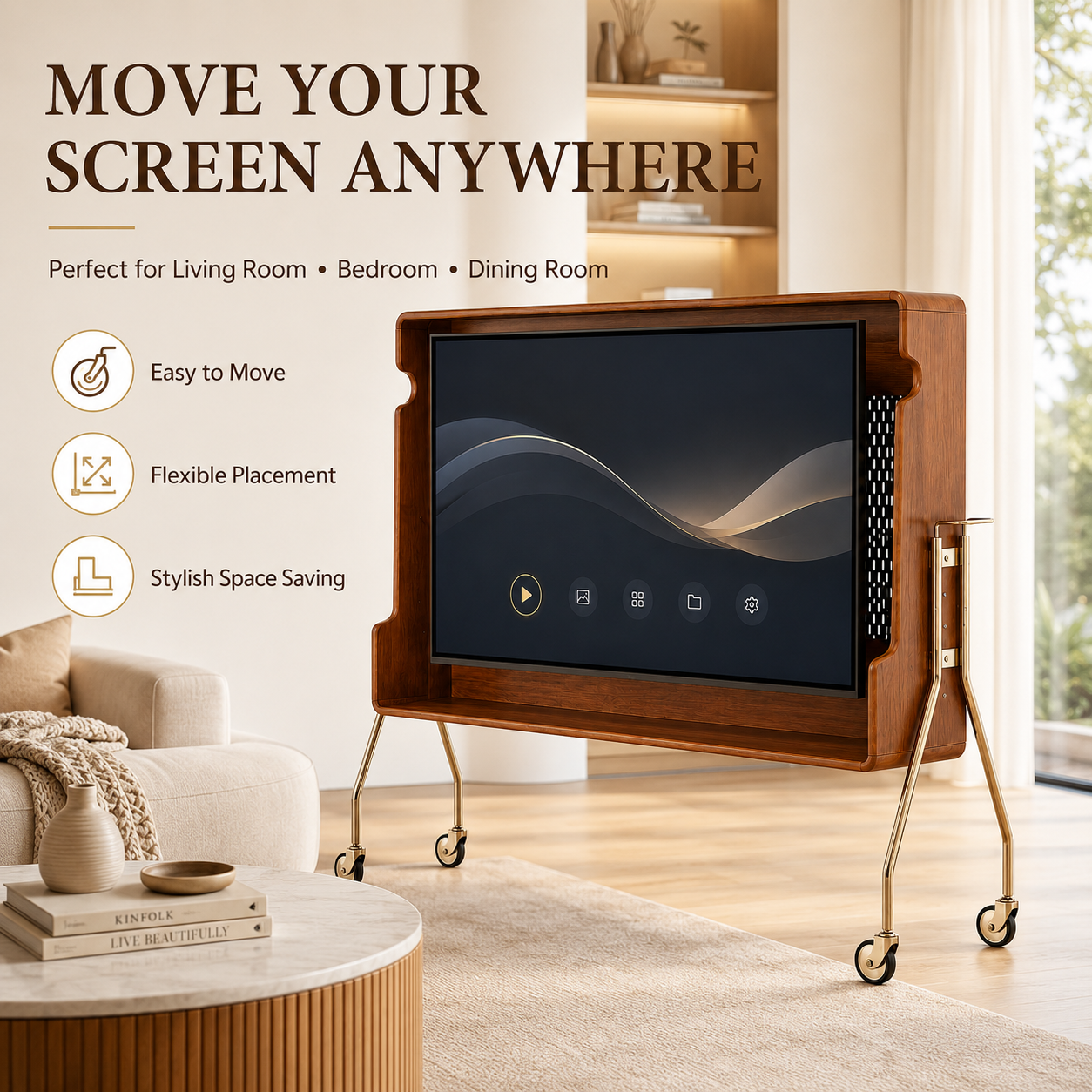 TV-standaard op wielen, mid-century houten mobiele tv-kar met opbergplank, verstelbare vloerstandaard voor 55-75 inch tv's