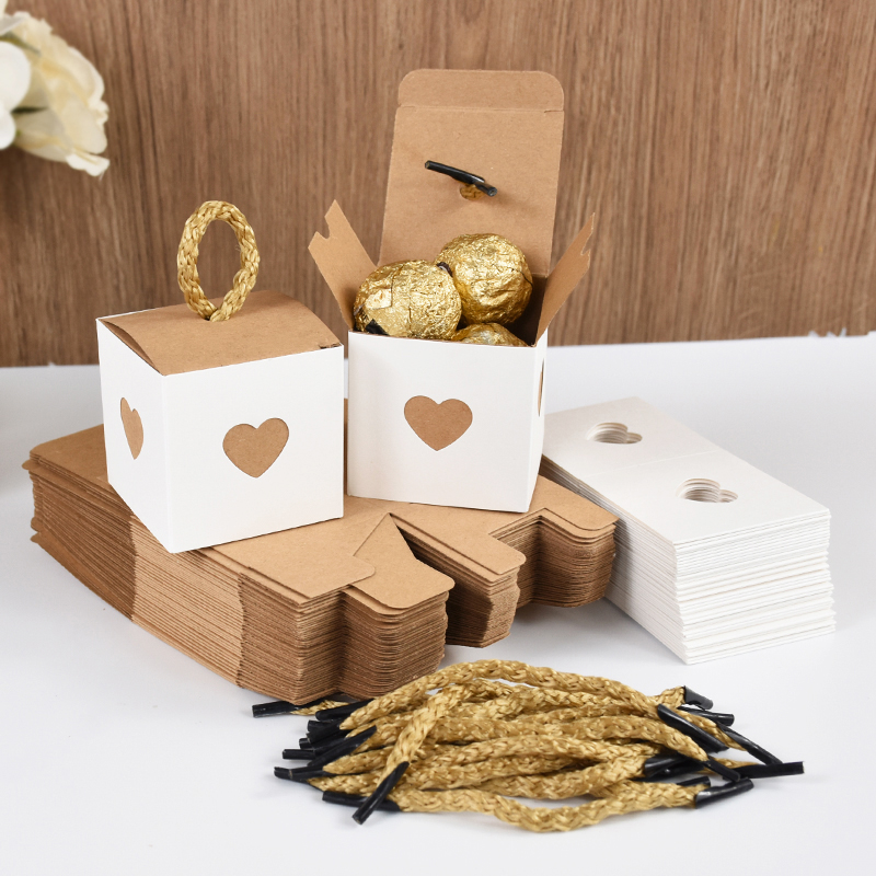 10/50 Stück weiß braune Herz-Geschenkboxen für Süßigkeiten, Hochzeitsgeschenke für Gäste, Geburtstagsfeier, Babyparty, Schokoladen-Keks-Verpackungsbox