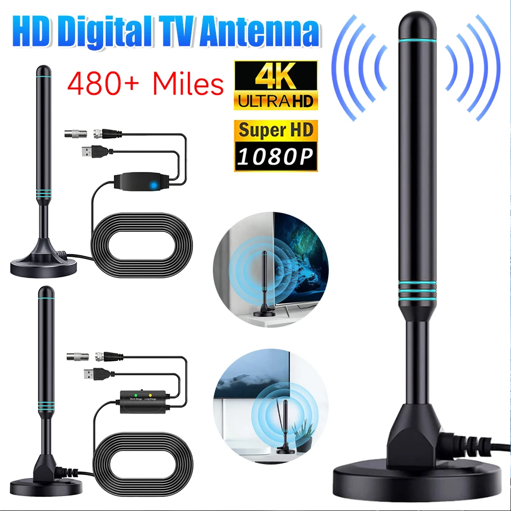 Antena de TV Digital HD 4K/1080P, Base magnética, más de 480 millas, antena interior y exterior, antena Digital HD VHF UHF para receptor de TV DVB-T2