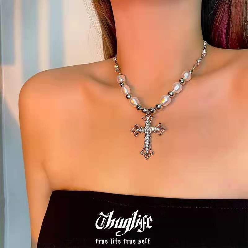 Y2K Parel Kruis Hanger Ketting Vrouwen Punk Retro Vrouwen Religieuze Zirkoon Ketting Kettingen Meisjes Hip Hop Party Trendy Sieraden Gift