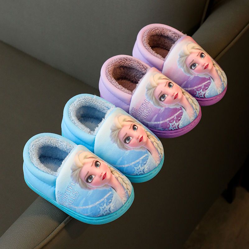 Disney Prinzessin Elsa Winter Kinderabsatz Baumwolle Hausschuhe Mädchen Warm Frozen Kinder Baumwolle Schwarz Lila Flache Schuhe Größe 24-40