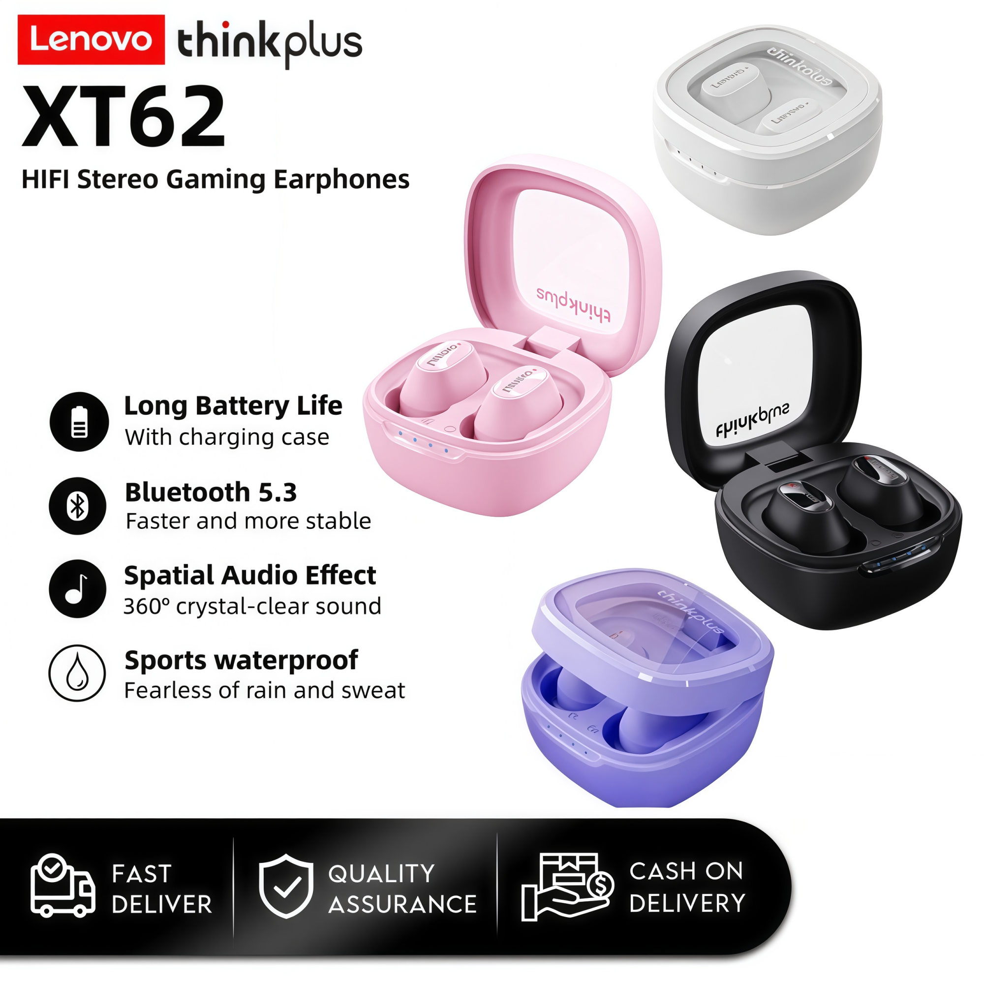 เลอโนโว XT62 หูฟังบลูทูธ 5.3 มินิหูฟังไร้สายไฮไฟสปอร์ตชุดหูฟังลดเสียงรบกวนพร้อมไมโครโฟนระบบควบคุมแบบสัมผัส TWS ต้นฉบับ