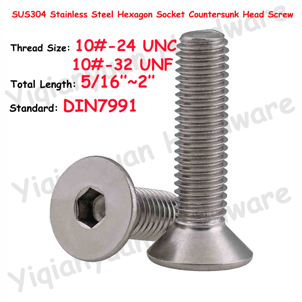 10 #-24 UNC 10 #-32 UNF benang DIN7991 SUS304 soket Stainless Steel Hexagon kepala sekrup Allen kunci Hex baut datar