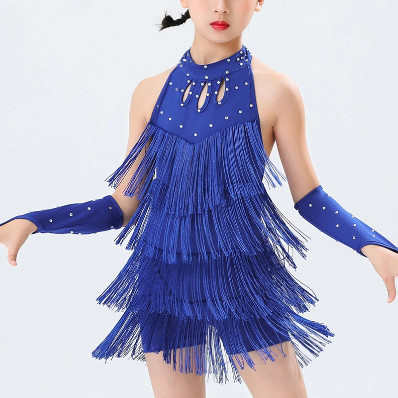 Abito da ballo latino con frange di paillettes Abito da ballo latino per sala da ballo di Bachata Vestito da salsa tango per bambini Costume da ballo latino professionale per ragazze