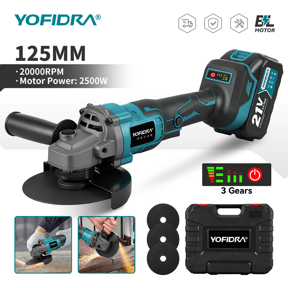 YOFIDRA 125 мм Бесщеточная угловая шлифовальная машина с 3 передачами Беспроводной шлифовальный станок для резки деревообработки Электроинструмент для батарейного штифта Makita