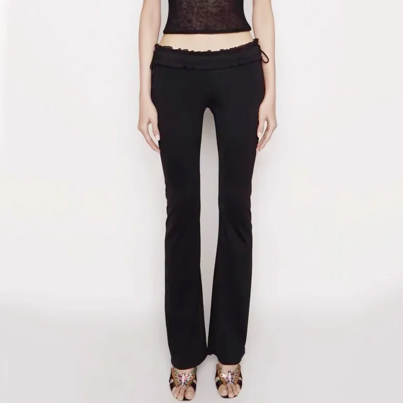 Women Frill Waist Skinny Flared Trousers With Ruched Tie Sides Detail