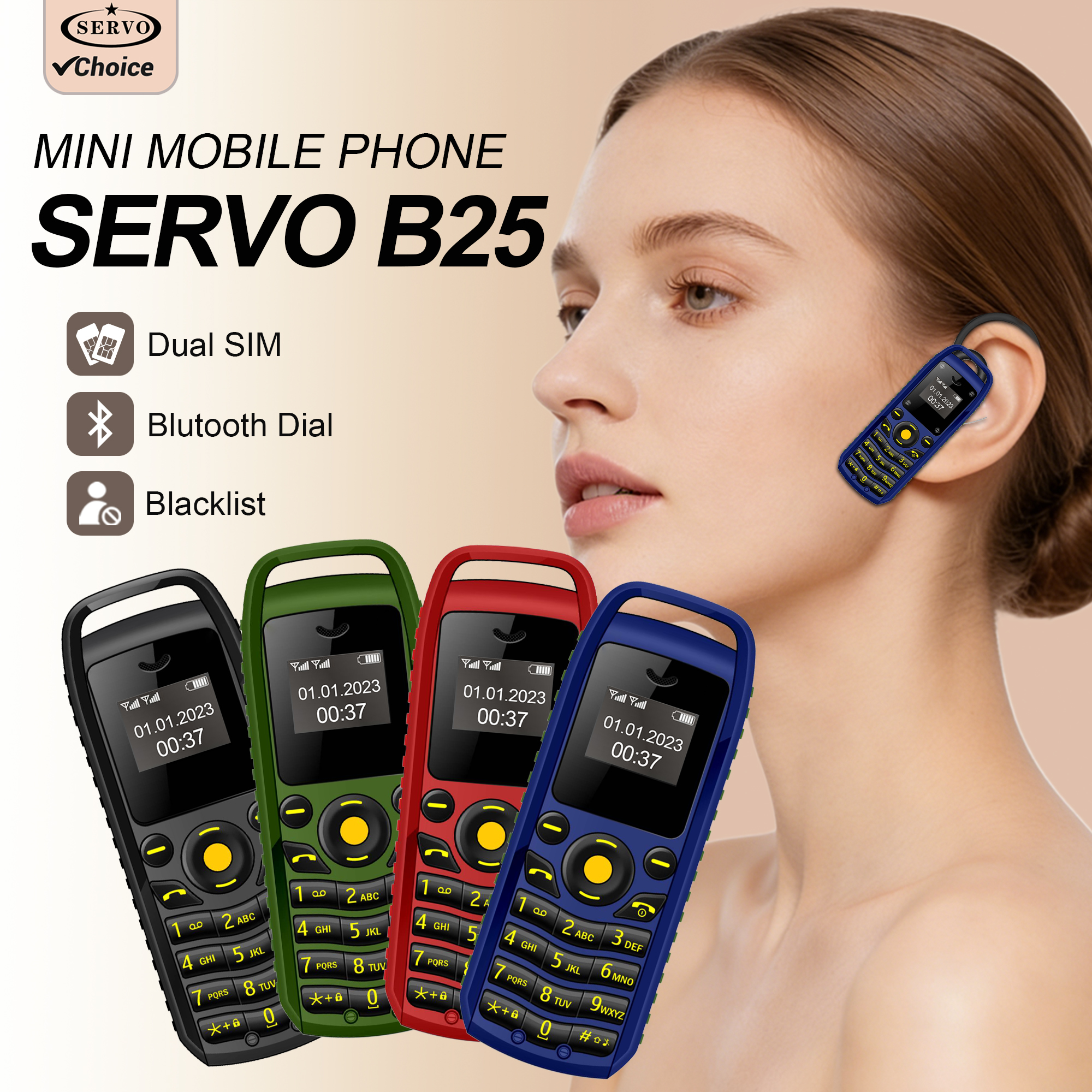 SERVO B25 botón Mini teléfono móvil 2 SIM Bluetooth Dial teléfono de bolsillo baja radiación lista negra alarma pequeño teléfono móvil para deportes