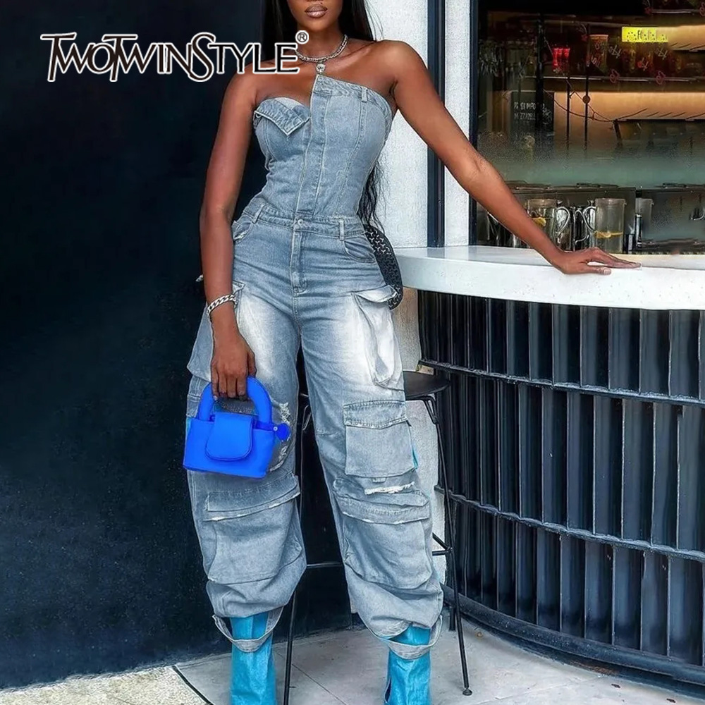 Two winstyle Patchwork Taschen Streetwear Denim Overalls für Frauen träger los ärmellose hohe Taille lässig Overall weiblich neu