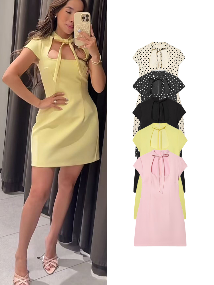 TFMLN Gaun Mini Wanita dengan Ikat Pita Depan, Polka Dot, Lengan Pendek, Bodycon, Gaun Pesta Musim Panas Seksi dengan Kerah Cut Out, Fashionable