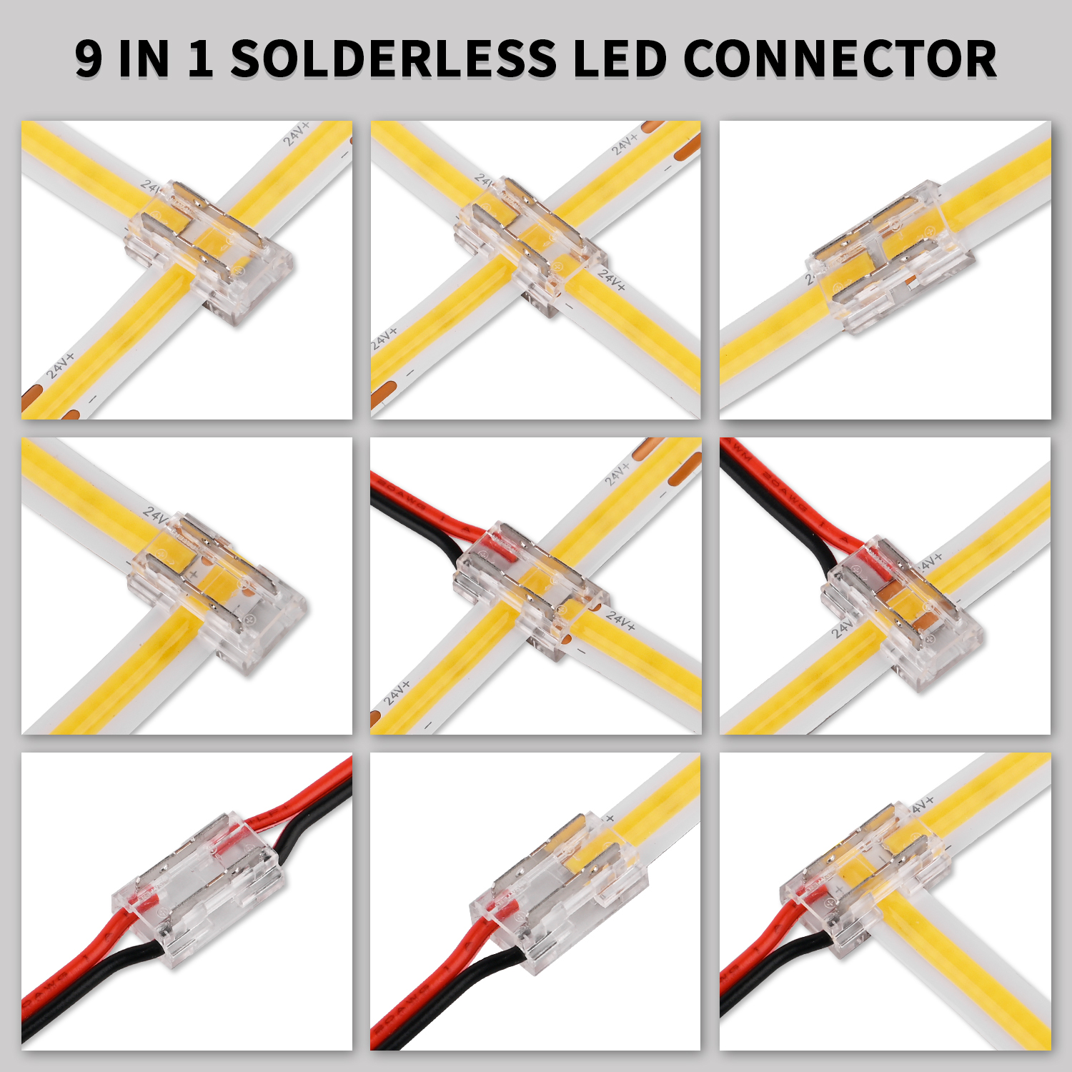 8 peças LED Conector Sem Solda 9 em 1 Conectores Transparentes DIY L T X Forma 15cm Fio Para 2pin 8mm 10mm COB LED Strip Lights