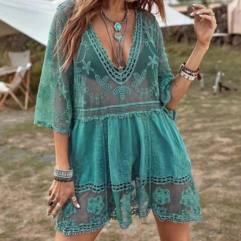 Trajes de baño para mujer 2024 Sexy playa cubrir con cuello en V mujeres playa túnica vestido Sarong Bikini cubrir Top de ganchillo para mujer ropa de playa