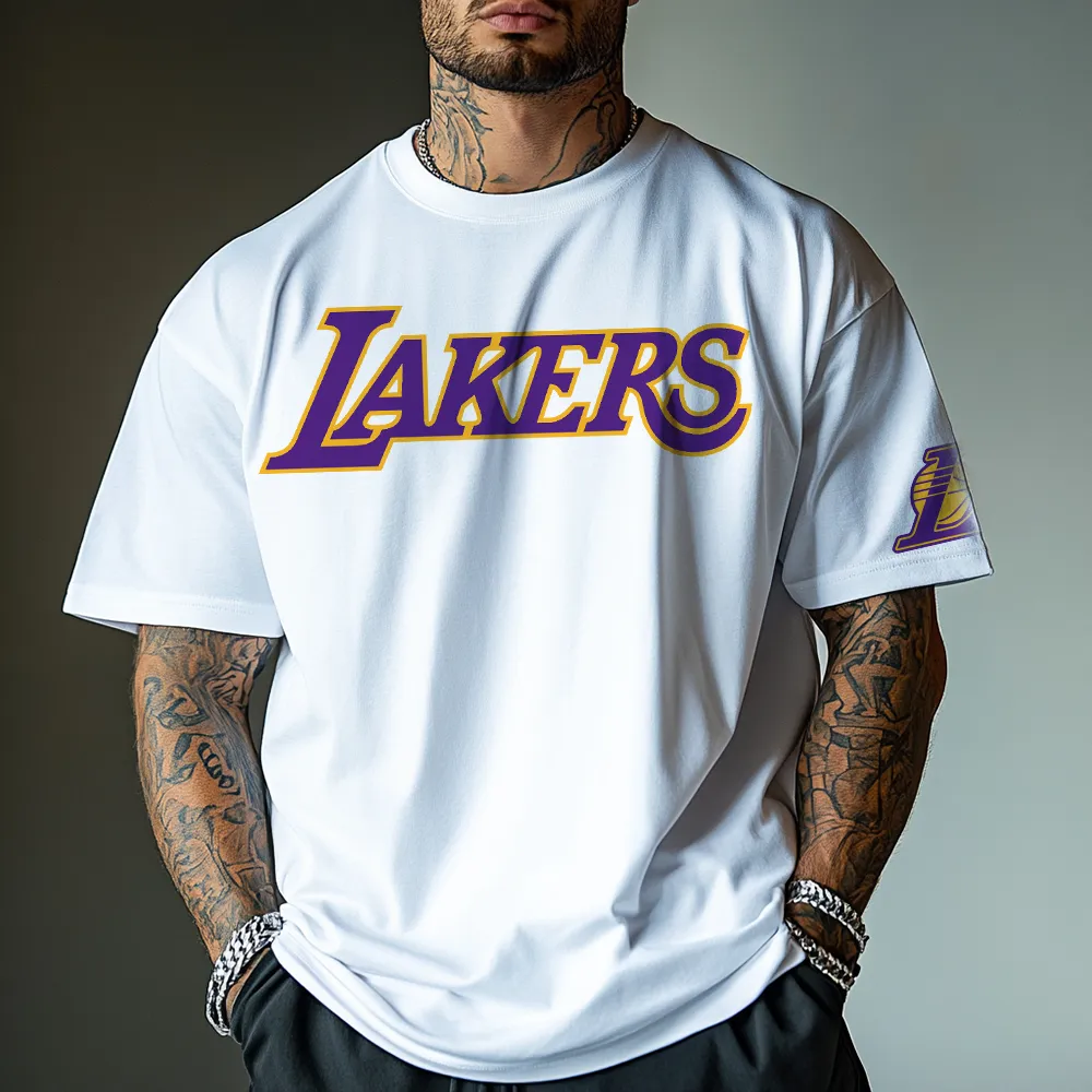 Camiseta de algodão puro dos Los Angeles Lakers, estilo moderno e streetwear, masculina, fitness, branca, casual.