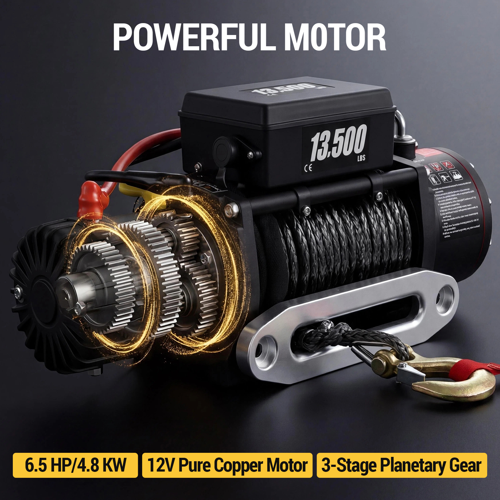 SIHAO - Cabrestante Eléctrico Todoterreno de 13500 LBS, 12 V, con Cuerda Sintética de 92 pies, Control Remoto Inalámbrico para Camiones 4x4, Remolques, ATV, Rescate de Emergencia 8