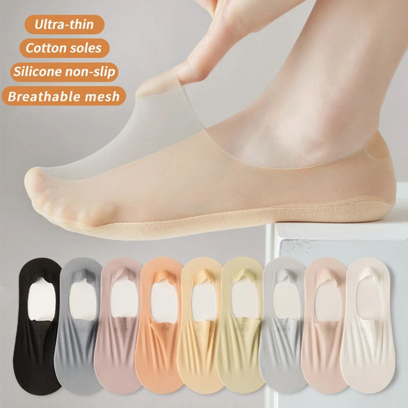 5 Paare/los Socken frauen Sommer Ultra-dünne Unsichtbare Low Cut Silikon Anti-slip Mesh No Show Eis seide Solide Boot Socken