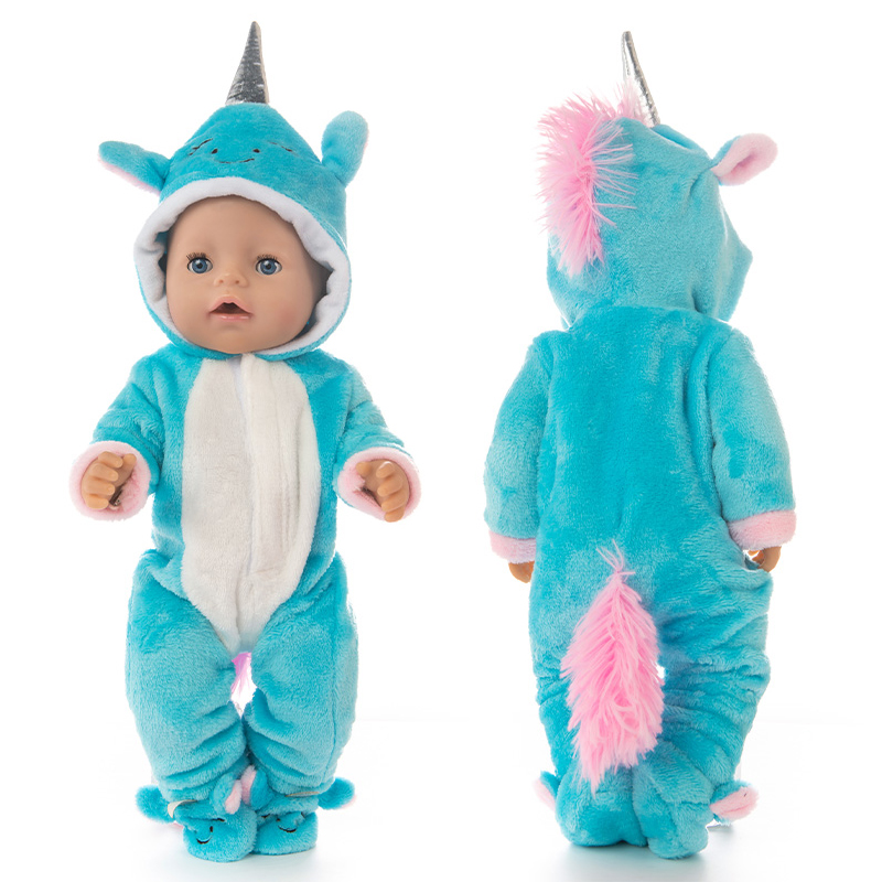 Baby Doll Rompers Slippers for 18 Inch Girl Doll Clothes Unicorn Pajama Set for Toys Doll Wear