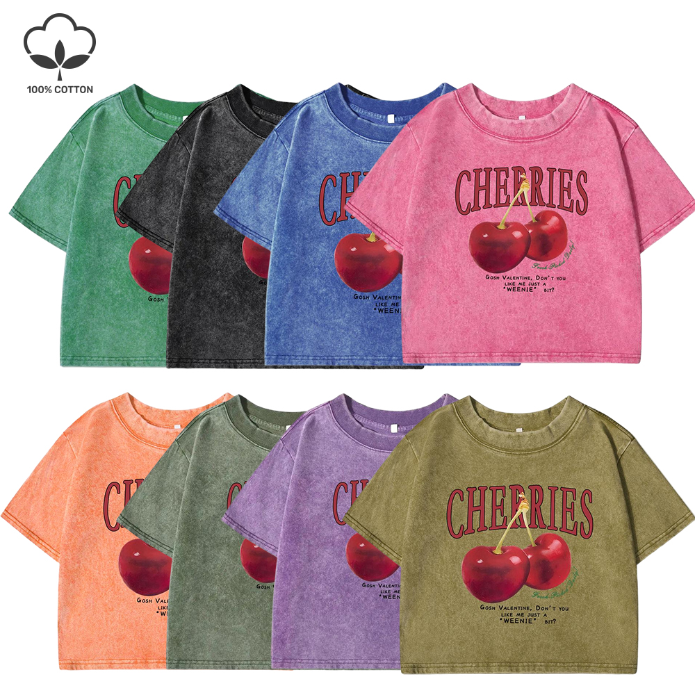 Rote Kirschen Brief Gedruckt Weibliche T-shirt Mode Sommer Gewaschen Kleidung Casual Baumwolle Crop Top Retro T-shirts Für Frauen