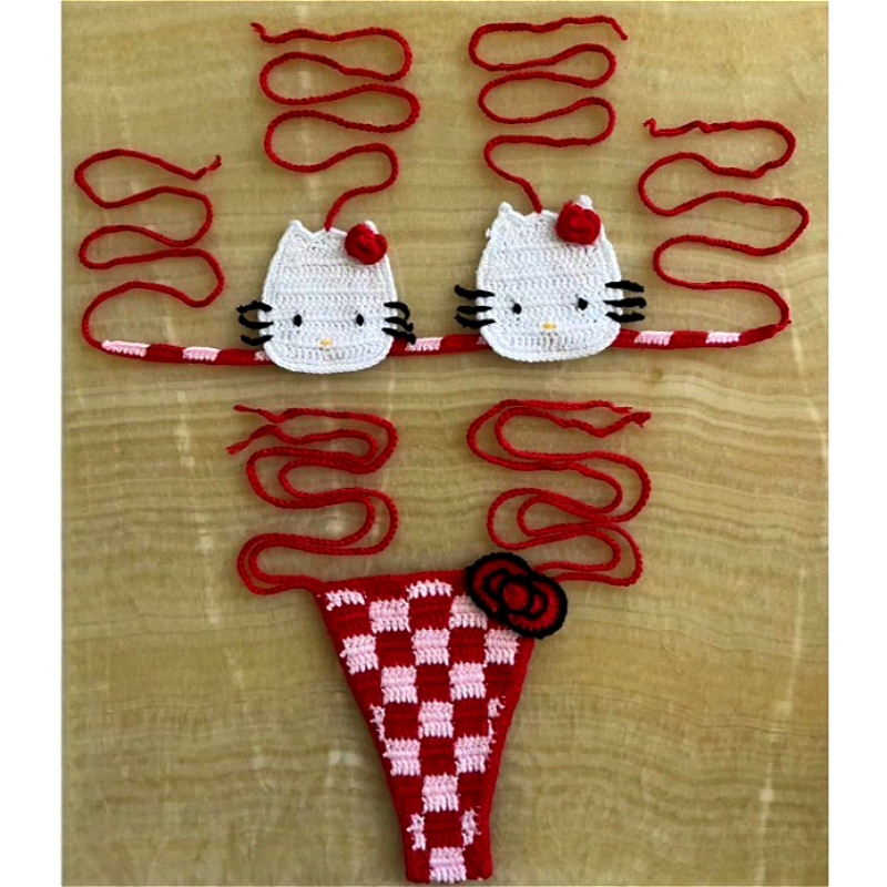 Leuke Hello Kitty Ladys Sexy Badpak Gehaakte Bikini Set Sanrio 2 Stuks Dames Zwempak Micro Bikini Thongs Badpak Strand