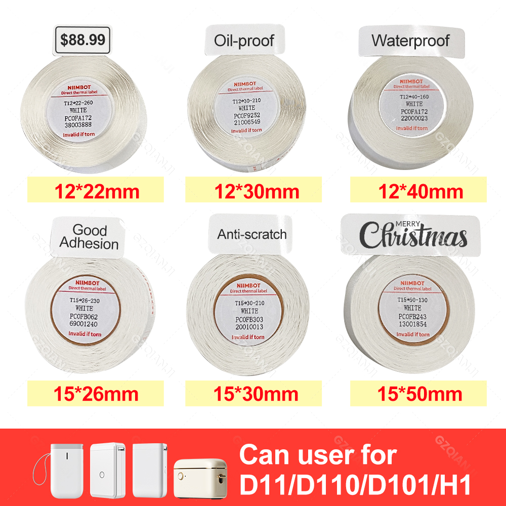 12–15 mm Niimbot Etikettenband, Aufkleber, Papierrollen, selbstklebend, wasserfest, weiß, Datumsnotizen für Niimbot D110 D11 D101 Druckerhersteller
