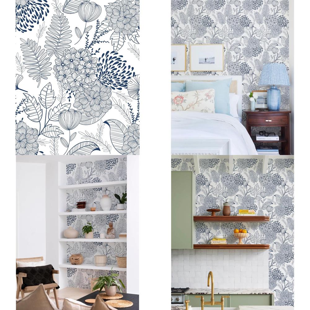 Navy Blue Boho Vintage Floral Leaf Peel and Stick Wallpaper for Bathroom Cabinets and Drawers Laundry Room Decor