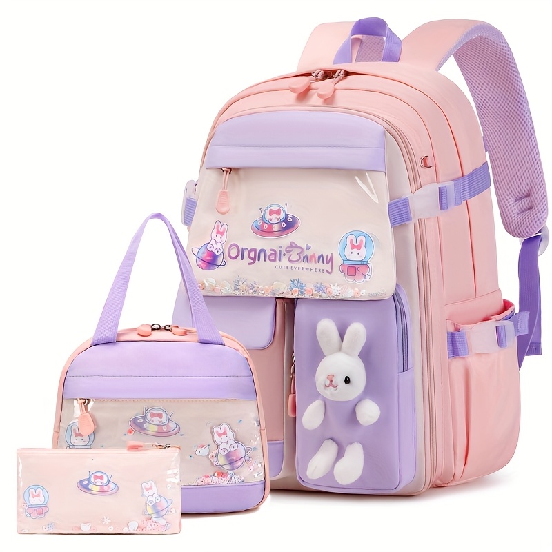 3pcs Girls Backpack Set with Lunch Box &Pencil Case-Cute Bunny Design, Adjustable Straps,Lightweight Nylon School Bag Mochila