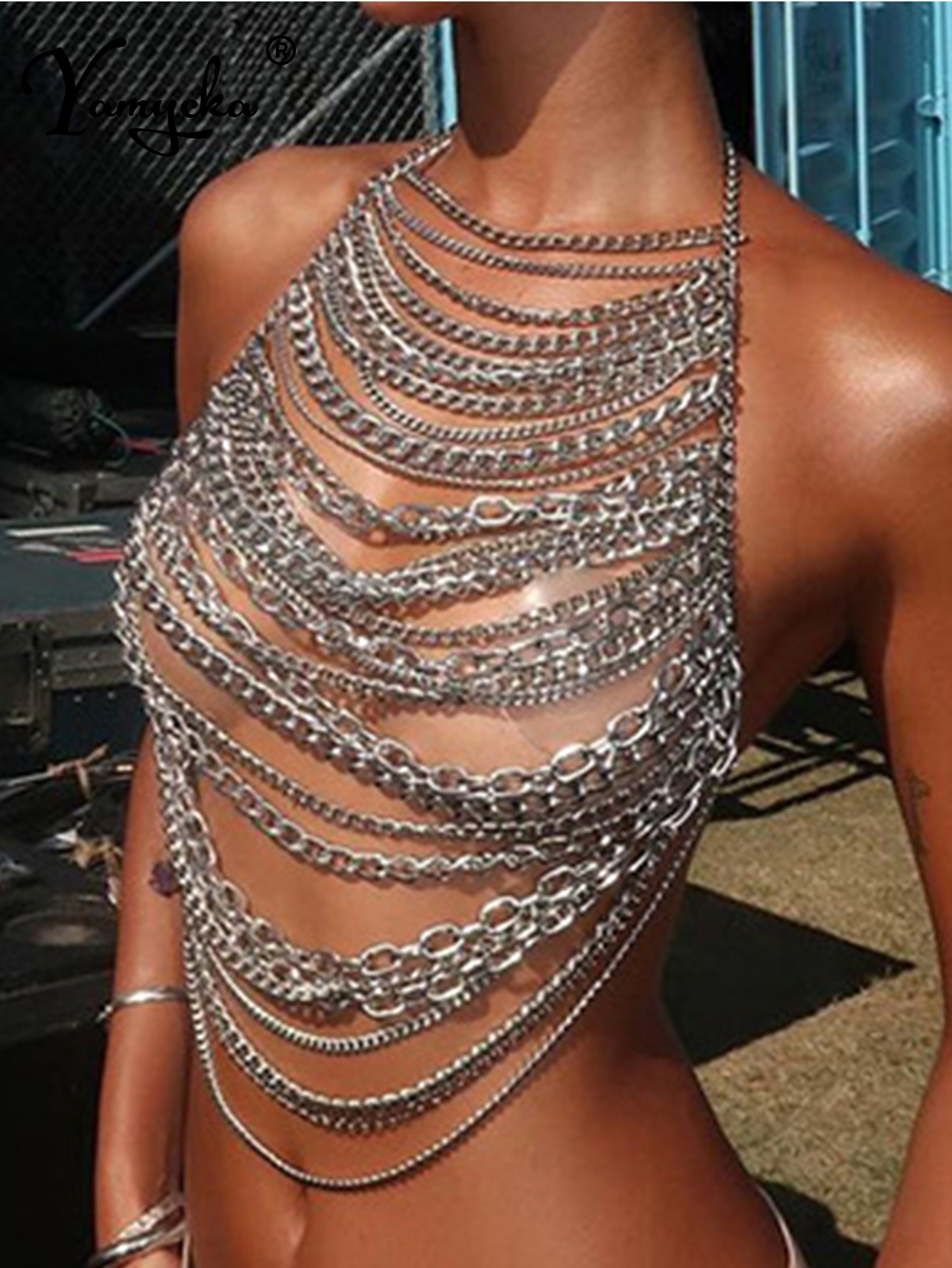 Sexy doorzichtige crop top metalen ketting dames zomer halter tanktop dameskleding cropped club party tops hotwife rave outfits