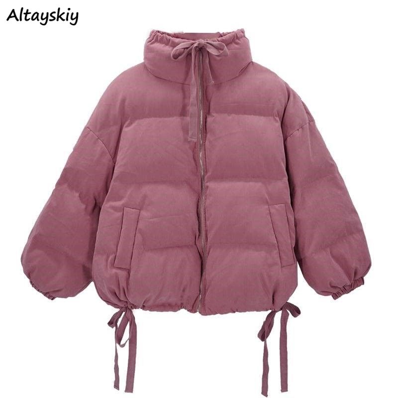 Chaqueta gruesa de cuello de tortuga para mujer, Parkas elegantes con lazos, Rosa dulce, Ulzzang, cordones, combina con todo, informal y acogedor, Invierno