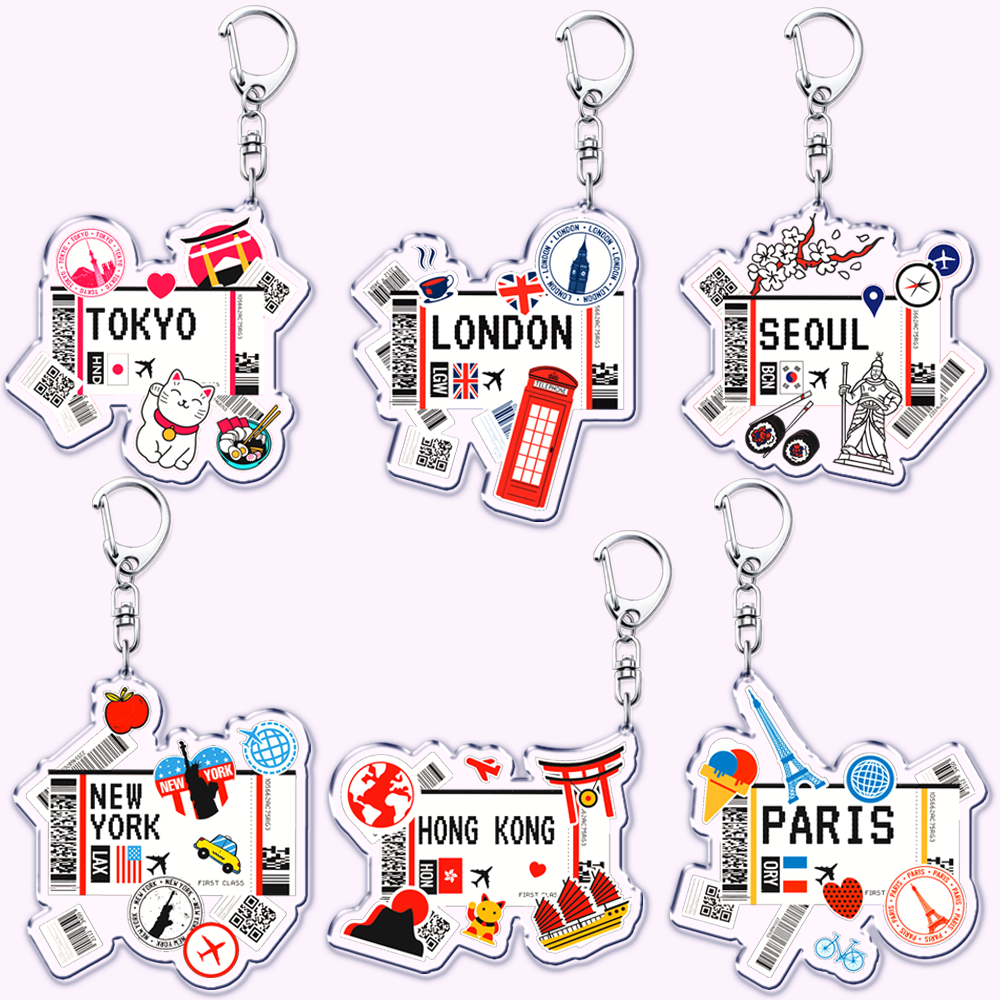Porte-clés passe d'embarquement pour accessoires, sac TOKYO SEOUL PARIS LONDON, billets souvenirs de voyage, bijoux cadeaux pour amis