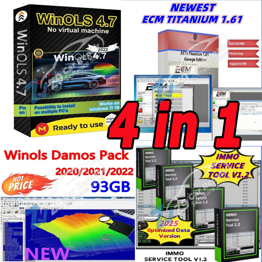 Программное обеспечение для авторемонта WinOLS 4.7 (2025 г.) с файлами Damos 93 ГБ, инструмент для иммобилайзера ECM Titanium 26100 V1.2 и видеоинструкция по установке