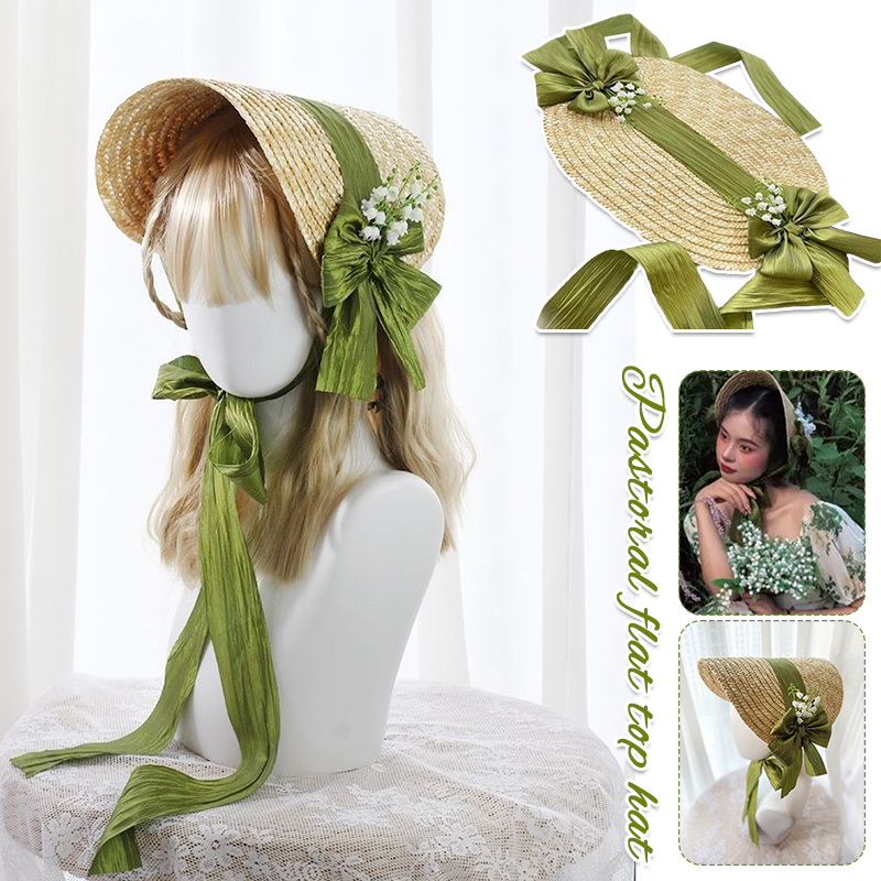 Bonnet victorien pour femmes, fête de thé, mariage, fait à la main, Lolita, rétro, fleur verte, nœud, plage, soleil, paille, tissage, casquette pastorale française