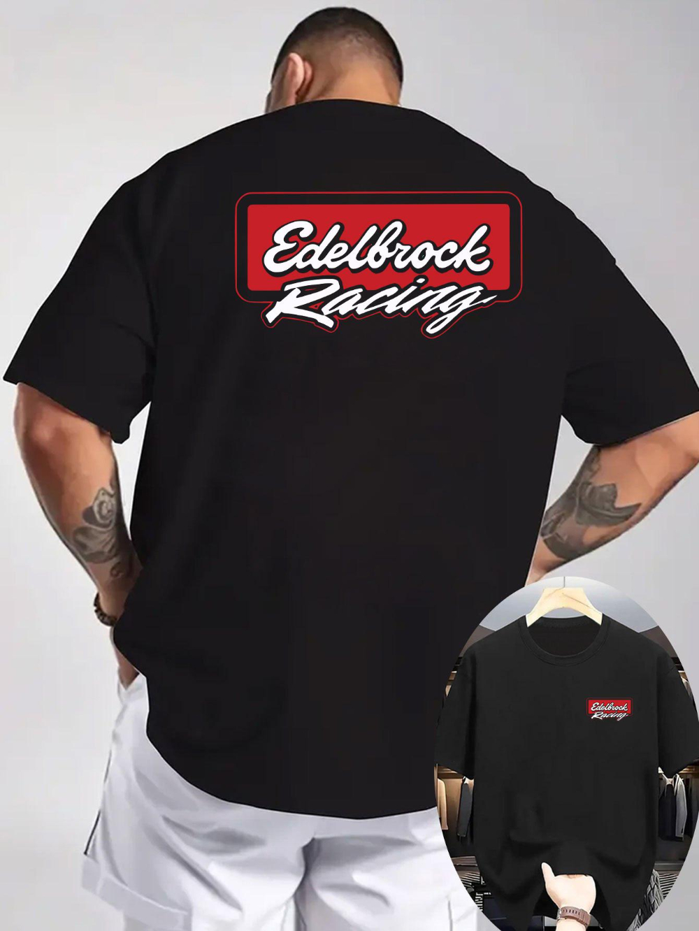 Мужская футболка Edelbrock Racing с графическим принтом, светло-серая, с принтом спереди и сзади, идеально подходит для повседневной носки любителями автоспорта.