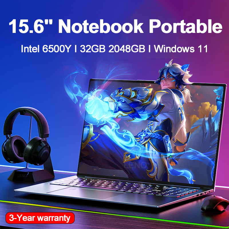 LENO Laptop con Schermo Grande 15.6", 32GB RAM, 2TB SSD, Intel 6500Y, Windows 11, Notebook per Ufficio, PC da Gaming 5000mAh con Retroilluminazione e Lettore di Impronte Digitali