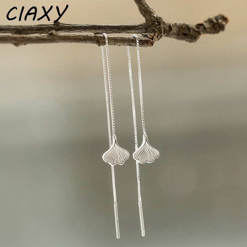 CIAXY-pendientes de borla de hoja de Ginkgo para mujer, Color plateado, temperamento, pendiente de línea de oreja larga, joyería pequeña y fresca coreana
