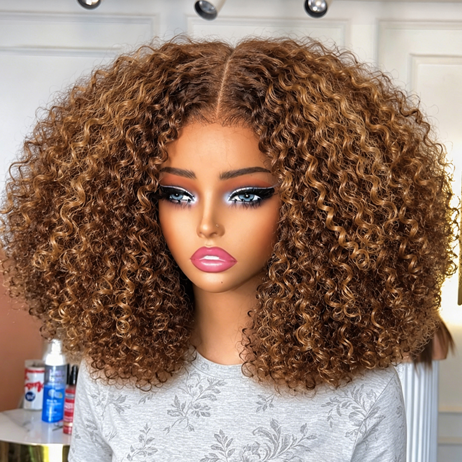 Parrucche senza colla in capelli umani, pre-strappate e pre-tagliate, con riflessi 4/27, ombre, bob, biondo miele, onda profonda, parrucca frontale in pizzo HD 5x5, riccia, con chiusura 5x5, per donna