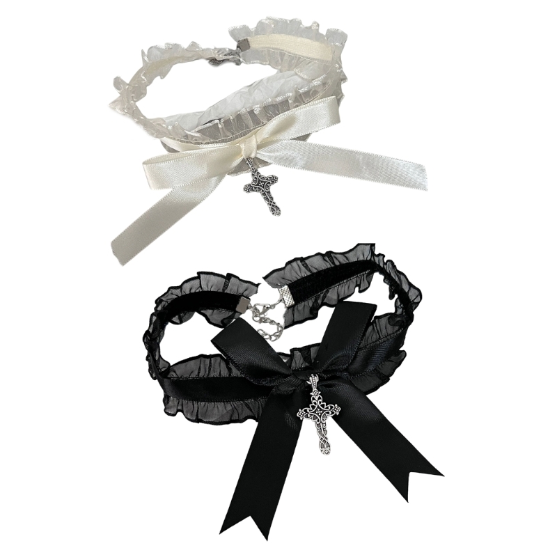 Plissado Gargantilha De Renda Bowknot Cruzes Charme Neckwear Maid Sweet Collar Acessórios