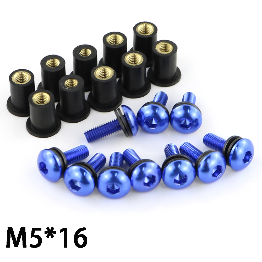 10 stks/set Kit Motorfiets M5 16mm Metrische Rubber Goed Noten Voorruit Kuip Cowl Geanodiseerd Aluminium Moto Schroeven Bouten
